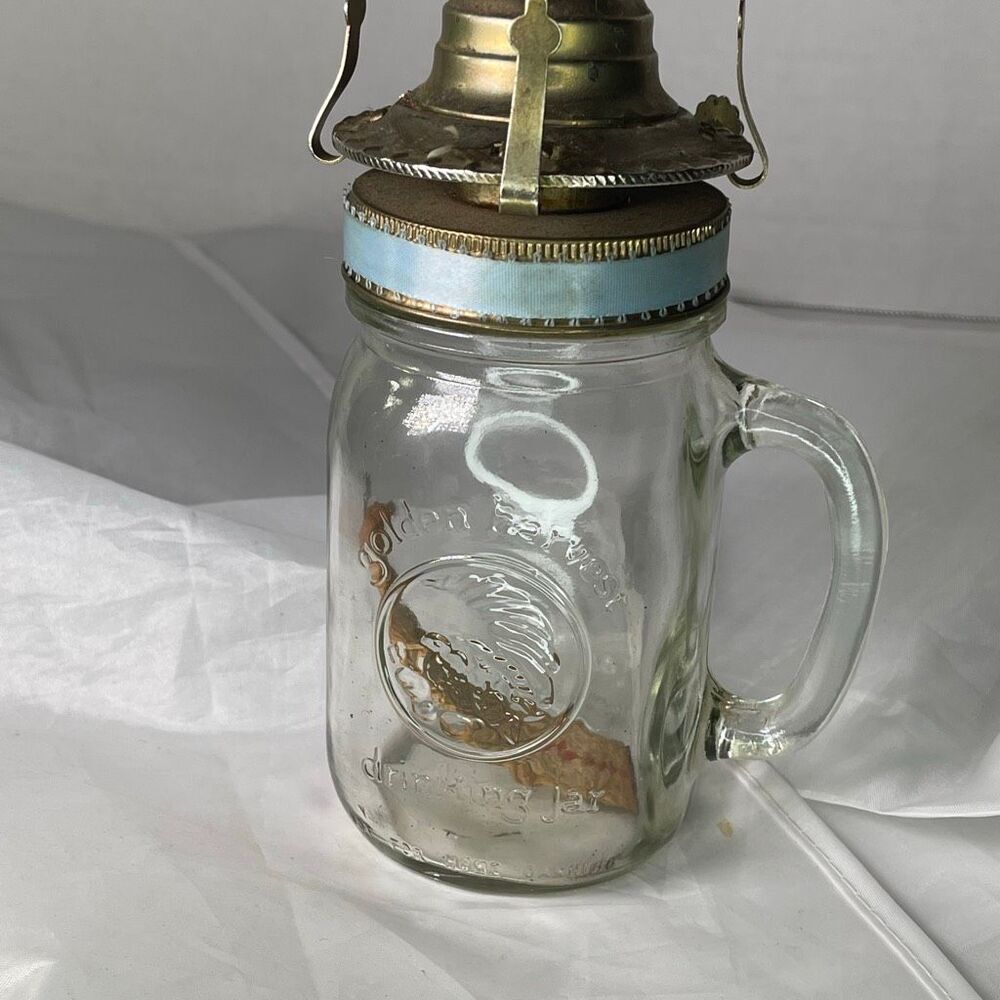 Vintage Golden Harvest drinking jar oil lamp with 2” burner. Light blue